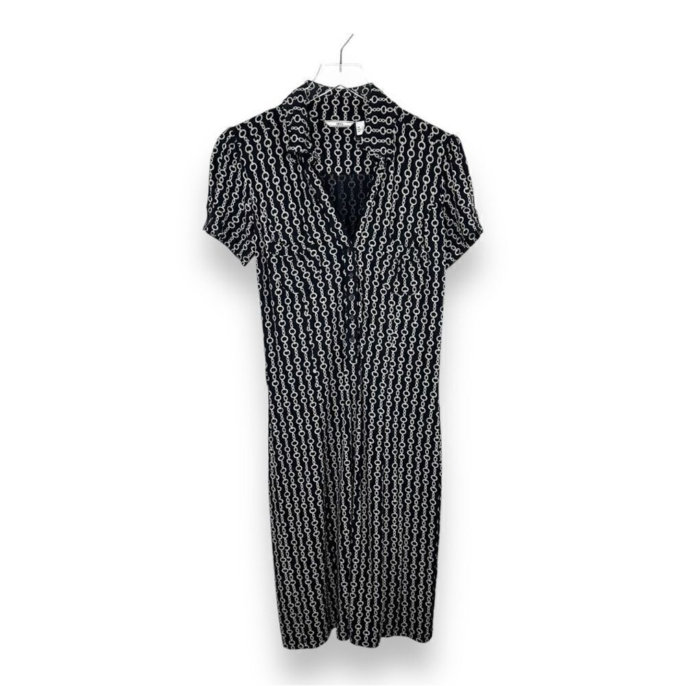 Mango Button Down Short Sleeve‎ Midi Shirt Dress Chain Link Pattern Sz XS